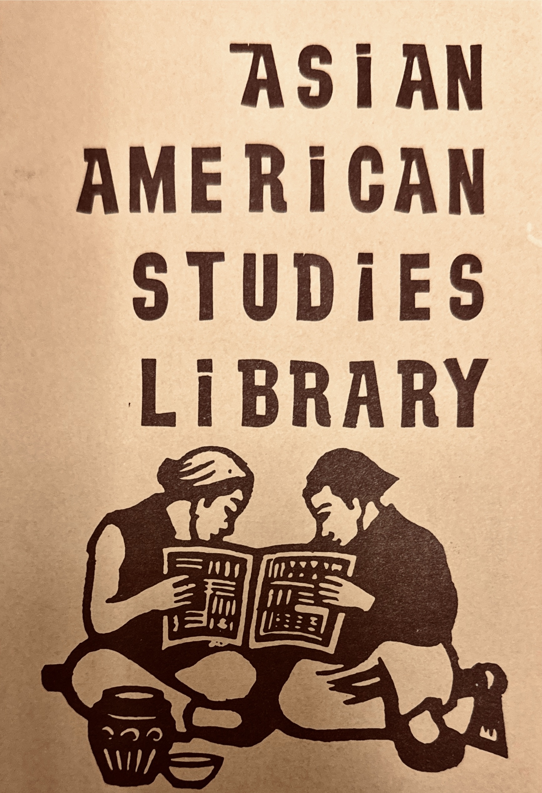 Asian American Studies Library brochure with two people reading a book next to a ceramic jar.